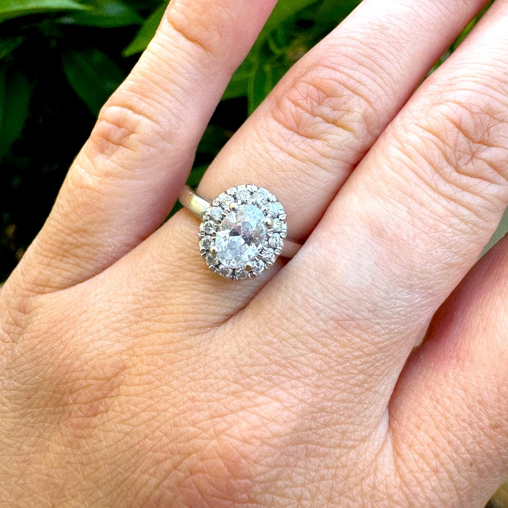 14k white gold oval engagement ring with halo setting